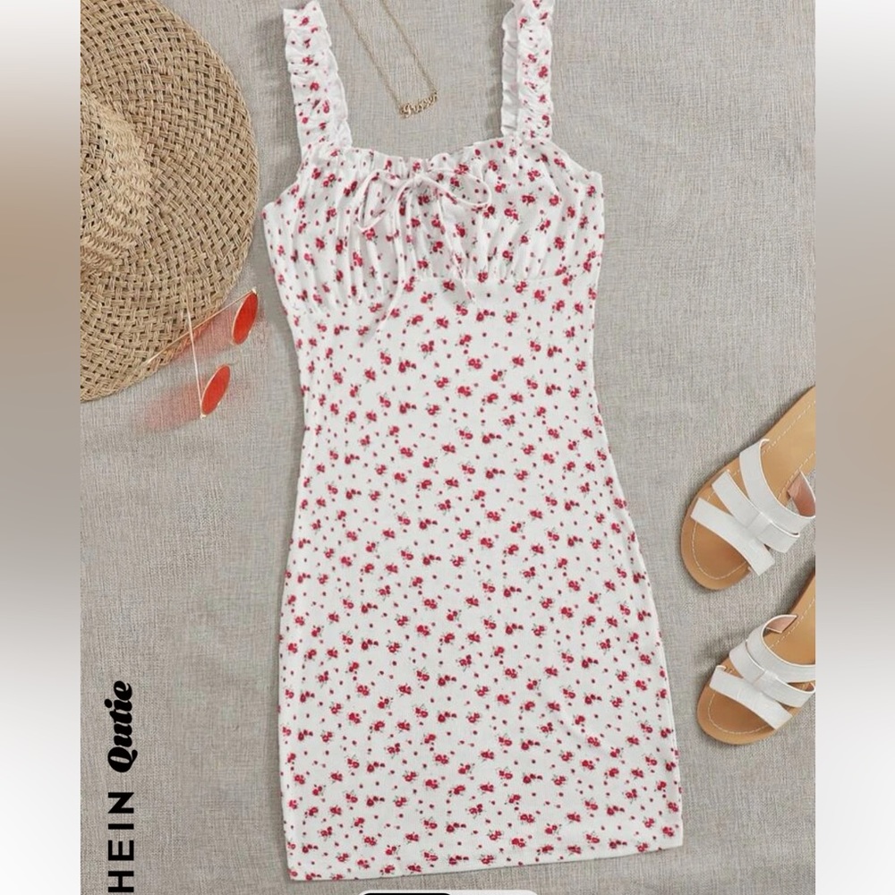 SHEIN Qutie Cottagecore Ditsy Floral Print Tie Front Ruched Bust Dress